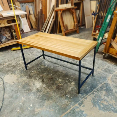 Farmhouse Style White Oak Desk with Navy Blue Metal Legs